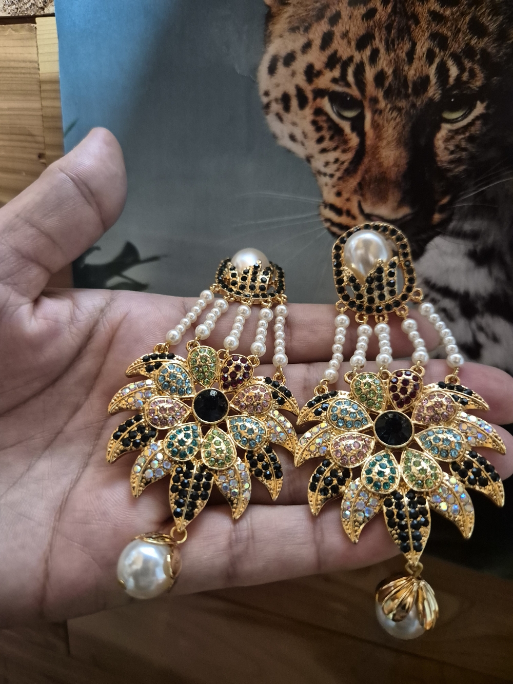 Gold Floral Multicolor Pearl Drop Earrings